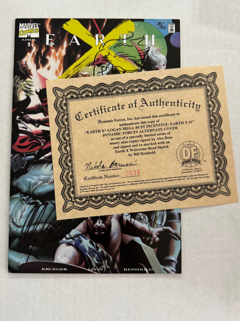 EARTH X #1 NM- Variant SIGNED by Alex Ross & Reinhold (W/ Head Sketch) LTD to 99